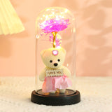 Enchanted Rose & Teddy Bear in Glass Dome with LED Lights - I Love You