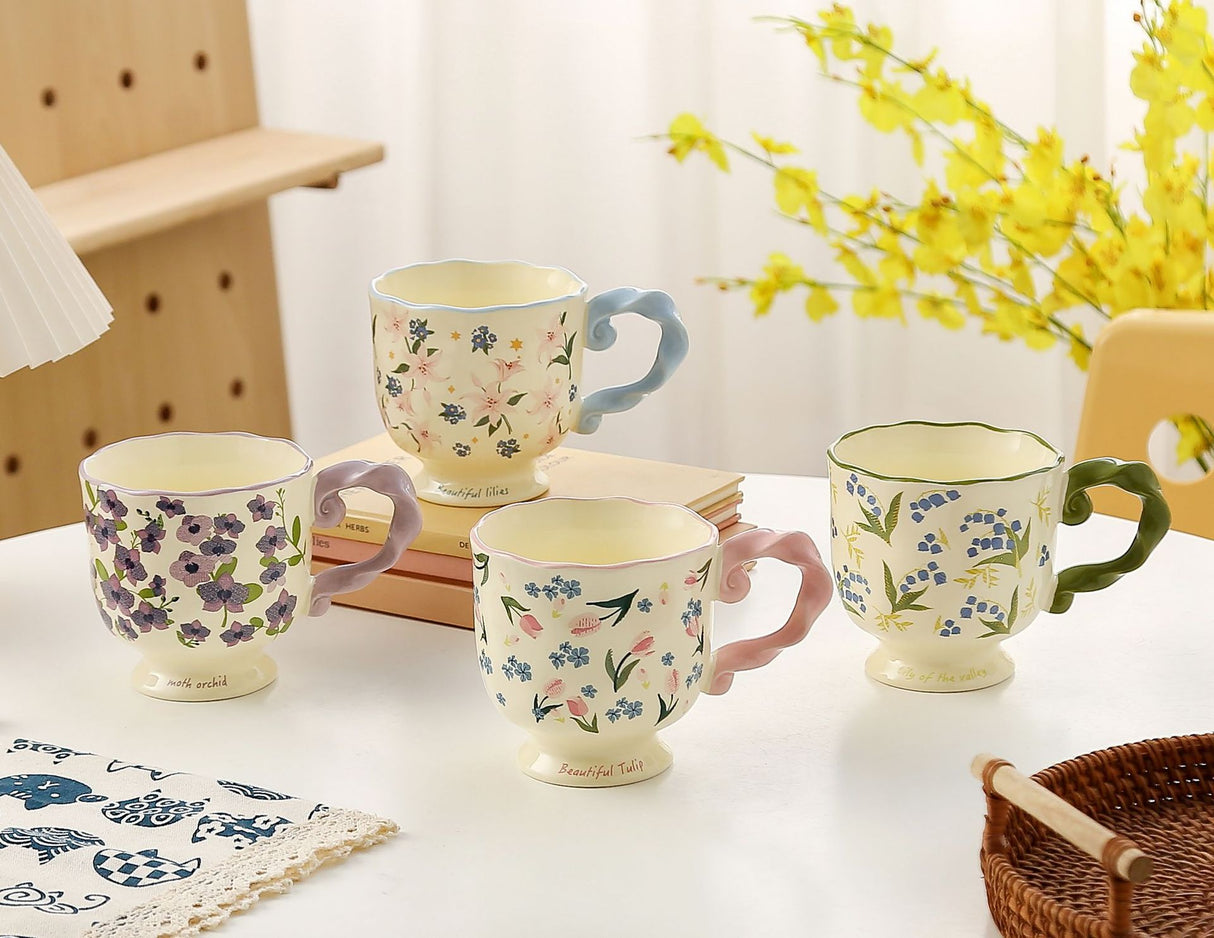 Elegant Ceramic Mug with Sculpted Handle,400ml Vintage Inspired Pedestal Design(Blue)