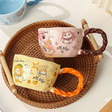 Whimsical Cat & Friends Ceramic Mug - 320ml with Unique Twisted Handle (pink) - Side View