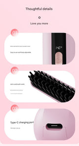Cordless Hair Straightener Brush - 4000mAh USB-C Rechargeable, 4 Temps, Anti-Scald 3D Comb Design(Pink) - Rear View
