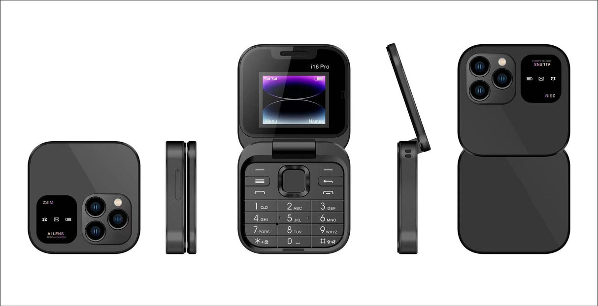 i16 Pro Mini Flip Phone - Dual SIM, AI Lens Digital Camera, Compact & Stylish Design(black)