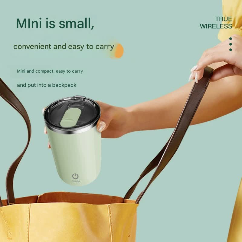 Beige mini portable electric self-stirring mug with sipping lid, one-button on and off