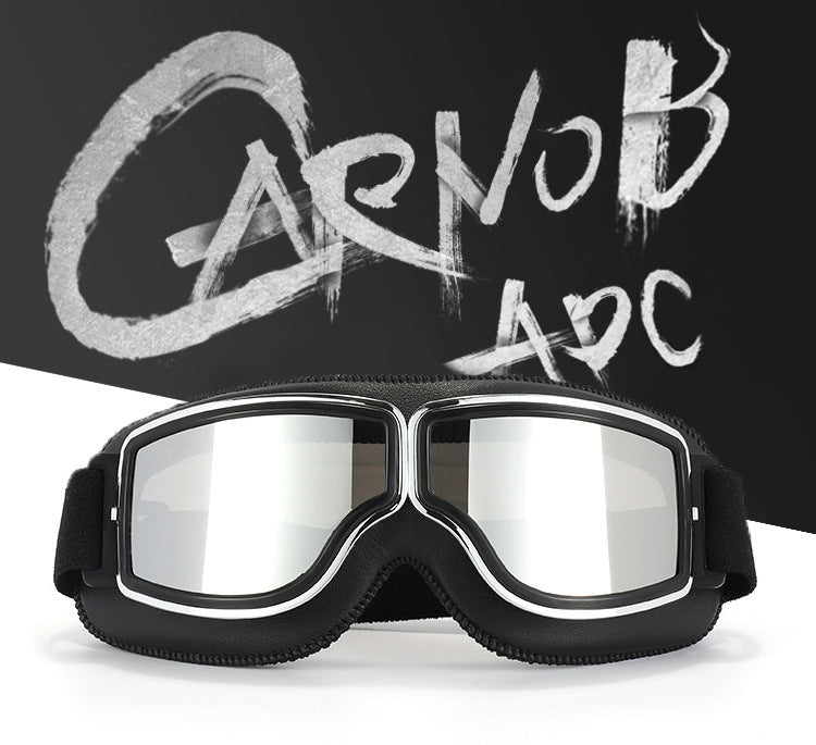Retro Motorcycle Goggles - Windproof, UV400 Protection, Anti-Impact PC Lenses with Leather Frame(Black leather silver lens)
