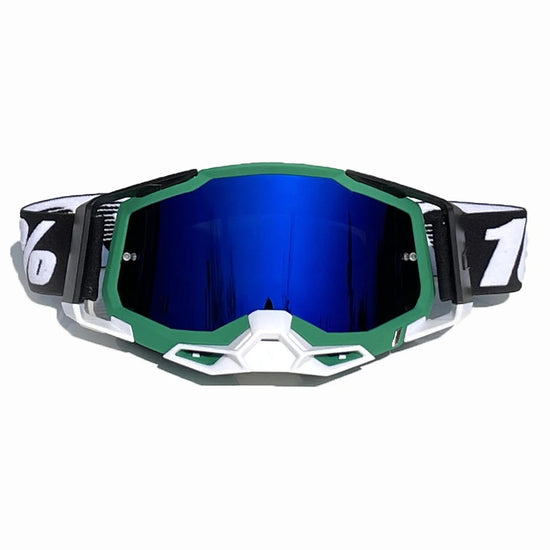 Pro Motocross Goggles - Windproof, UV400 Protection with TPU Frame & PC Lens, Adjustable Strap(Green frame, blue lens)