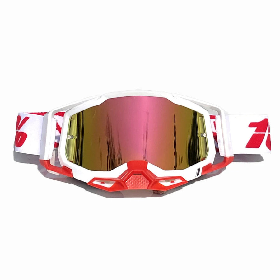 Pro Motocross Goggles - Windproof, UV400 Protection with TPU Frame & PC Lens, Adjustable Strap(White frame,red lens)