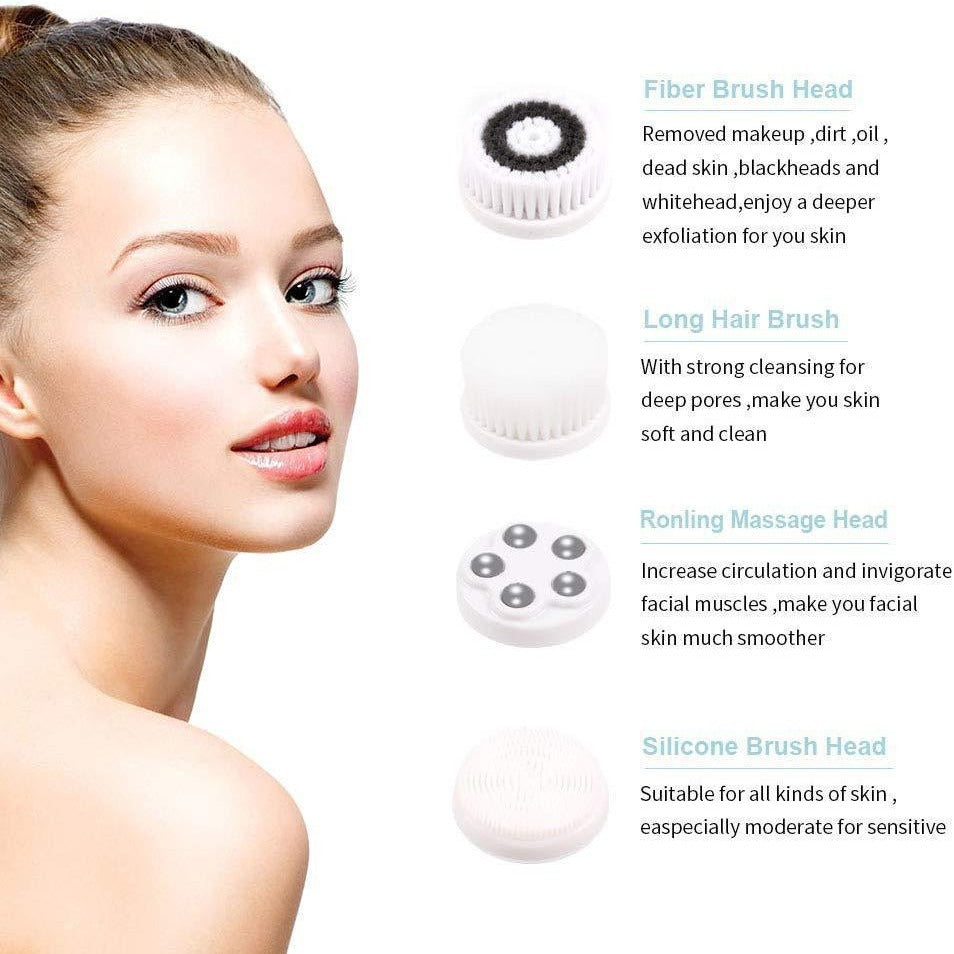 4-in-1 Electric Facial Cleansing Brush & Massager - IPX6 Waterproof, 3 Speeds, Bi-Directional Spin, USB Rechargeable(Pink)