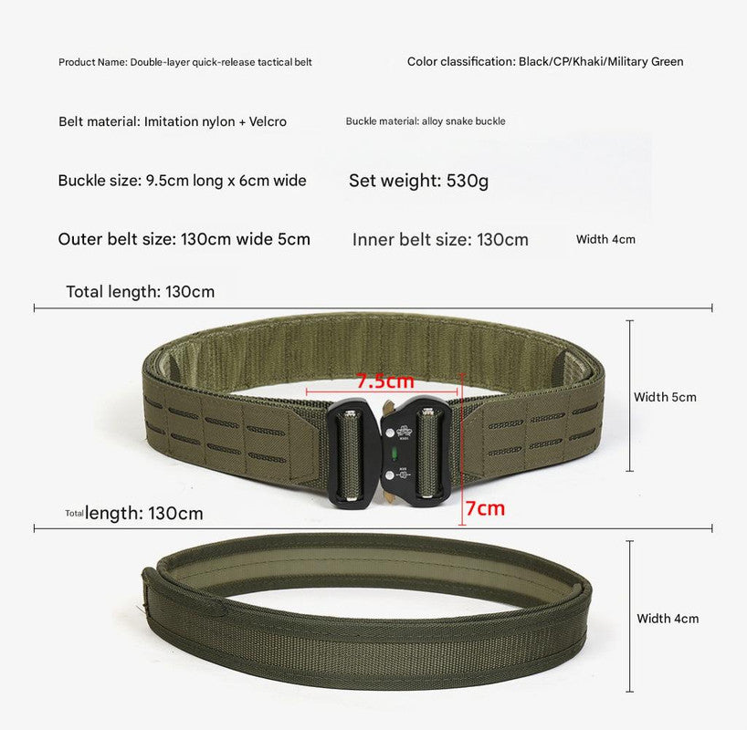 Dual Layer Quick Release Tactical Belt - Attachment System, Alloy Cobra Buckle, Adjustable Nylon(Military green)