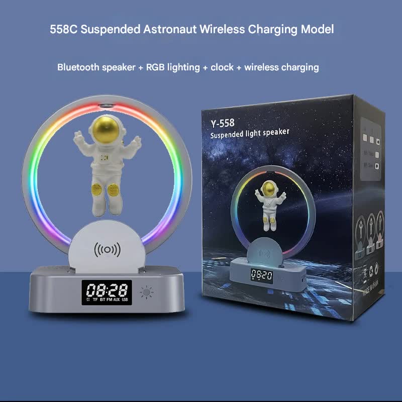 Astronaut Levitating Bluetooth Speaker Lamp - Wireless Charging, RGB Light, Clock, FM Radio & Multi-Input(gold)