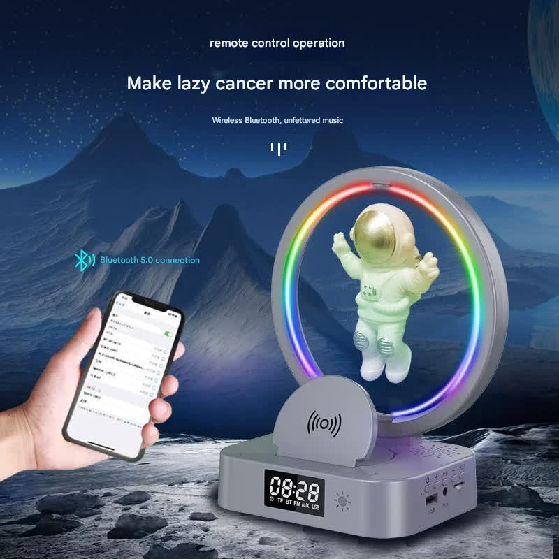 Astronaut Levitating Bluetooth Speaker Lamp - Wireless Charging, RGB Light, Clock, FM Radio & Multi-Input(gold)