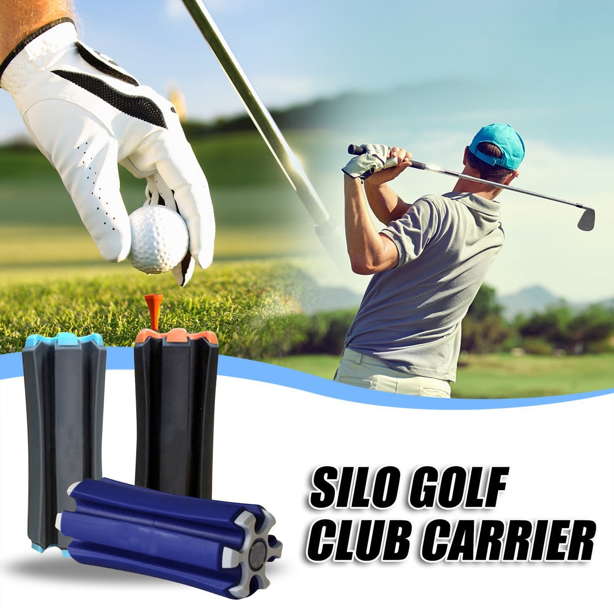 Portable Golf Club Carrier SILO - Holds 3 Clubs, Lightweight & Easy to (Blue and white)