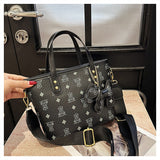 Chic Print Tote Bag with Bear Charm - Versatile Handbag & Crossbody(black)