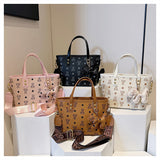 Chic Print Tote Bag with Bear Charm - Versatile Handbag & Crossbody(Brown)