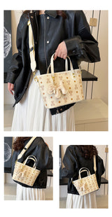 Chic Print Tote Bag with Bear Charm - Versatile Handbag & Crossbody(Brown) - 45-Degree Angle