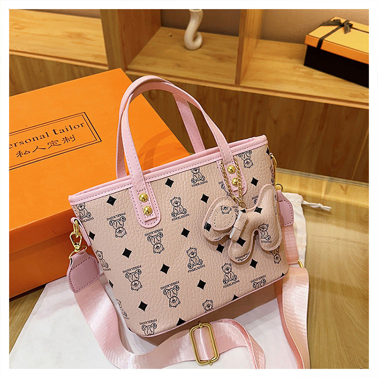 Chic Print Tote Bag with Bear Charm - Versatile Handbag & Crossbody(Pink)