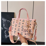 Chic Print Tote Bag with Bear Charm - Versatile Handbag & Crossbody(Pink)