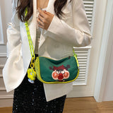 Whimsical Cartoon Girl Crossbody Bag - Lightweight Canvas with Adjustable Rope Strap & Flower Charm(green) - 45-Degree Angle