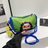 Whimsical Cartoon Girl Crossbody Bag - Lightweight Canvas with Adjustable Rope Strap & Flower Charm(Fruit green)
