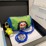 Whimsical Cartoon Girl Crossbody Bag - Lightweight Canvas with Adjustable Rope Strap & Flower Charm(Fruit green) - Front View