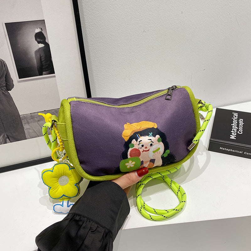 Whimsical Cartoon Girl Crossbody Bag - Lightweight Canvas with Adjustable Rope Strap & Flower Charm(Purple)