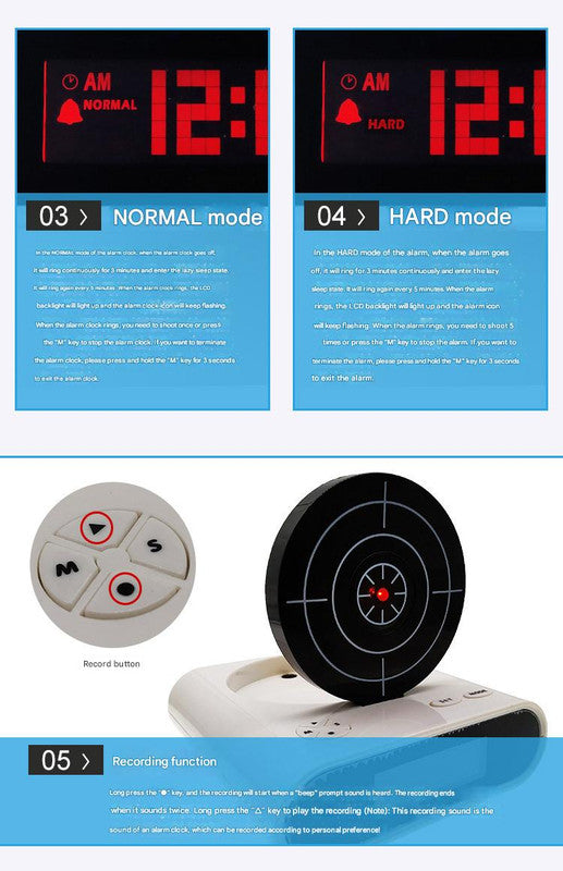 Gun Alarm Clock - Target Shooting Alarm with Infrared Gun, Recordable Alarm & Game Modes(Black), image 3