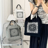 Printed Canvas Tote Bag - Water-Resistant, Large Capacity Shoulder Bag with Intricate Pattern(Dark grey datura flower) - Front View