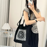 Printed Canvas Tote Bag - Water-Resistant, Large Capacity Shoulder Bag with Intricate Pattern(Dark grey datura flower) - Top-Down View