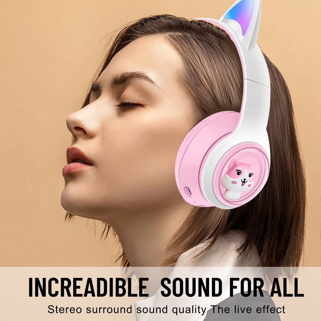 Cute Cat Ear Wireless Headphones - BT5.3, LED Lights, TF Card Slot, Soft Protein Padding(Blue)