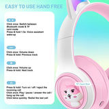 Cute Cat Ear Wireless Headphones - BT5.3, LED Lights, TF Card Slot, Soft Protein Padding(Purple) - 45-Degree Angle