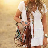 Bohemian Style Canvas Hobo Bag with Tassels & Geometric Print - Large Capacity Shoulder Bag(Khaki) - Front View