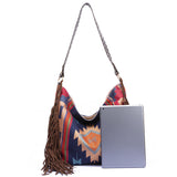 Bohemian Style Canvas Hobo Bag with Tassels & Geometric Print - Large Capacity Shoulder Bag(Khaki) - Close-Up Angle
