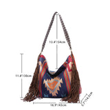 Bohemian Style Canvas Hobo Bag with Tassels & Geometric Print - Large Capacity Shoulder Bag(Khaki) - Low Angle