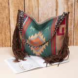 Bohemian Style Canvas Hobo Bag with Tassels & Geometric Print - Large Capacity Shoulder Bag(green)