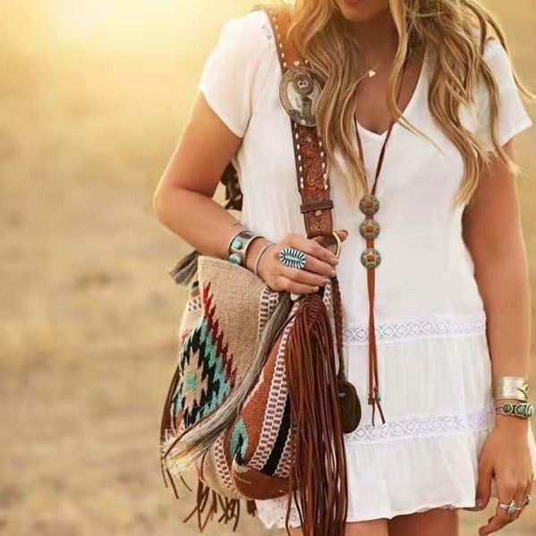 Bohemian Style Canvas Hobo Bag with Tassels & Geometric Print - Large Capacity Shoulder Bag(green)