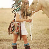 Bohemian Style Canvas Hobo Bag with Tassels & Geometric Print - Large Capacity Shoulder Bag(green) - Side View