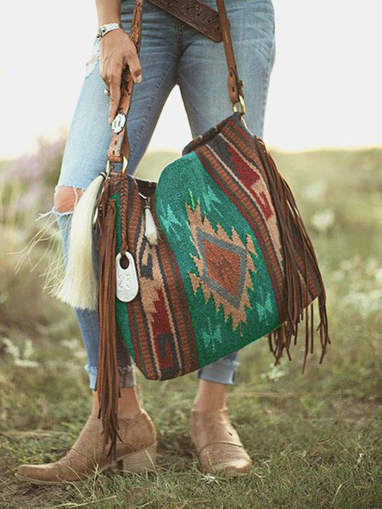 Bohemian Style Canvas Hobo Bag with Tassels & Geometric Print - Large Capacity Shoulder Bag(purple)