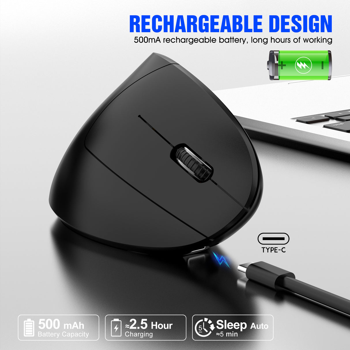 Ergonomic Vertical Wireless Mouse - 2.4G/Bluetooth, Rechargeable, RGB Light, 4 DPI Levels(white)