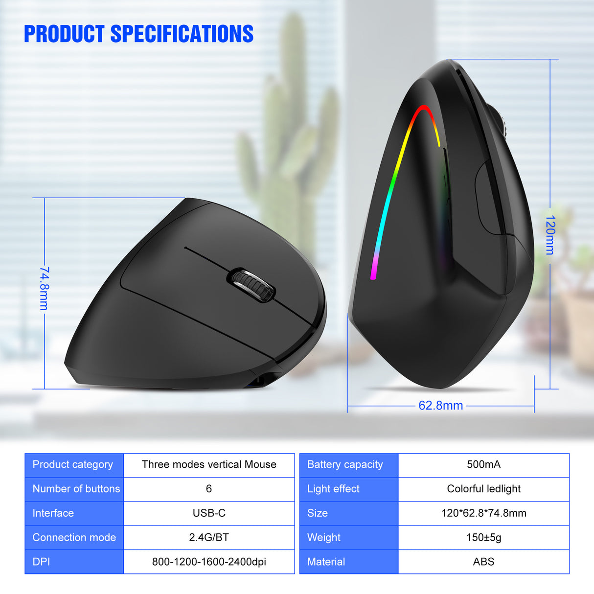 Ergonomic Vertical Wireless Mouse - 2.4G/Bluetooth, Rechargeable, RGB Light, 4 DPI Levels(grey)
