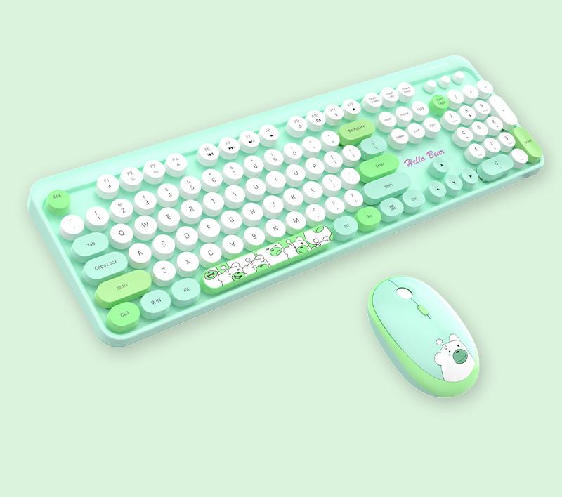 Hello Bear Wireless Keyboard and Mouse Combo - 2.4G Retro Round Keycaps(Green)