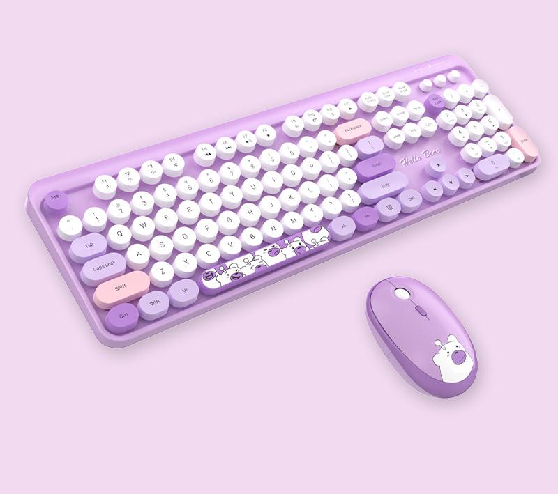 Hello Bear Wireless Keyboard and Mouse Combo - 2.4G Retro Round Keycaps(Purple)