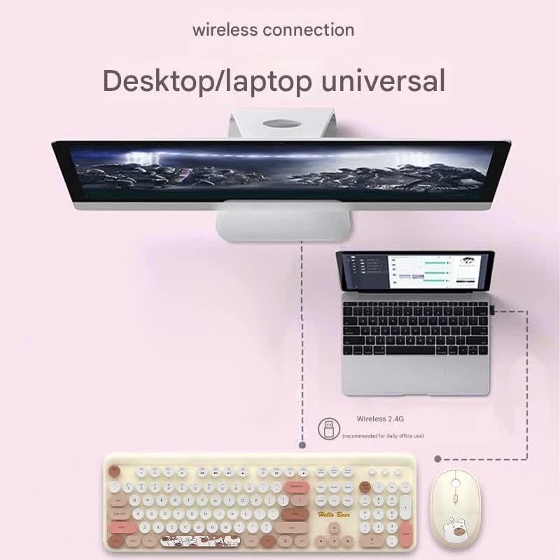 Hello Bear Wireless Keyboard and Mouse Combo - 2.4G Retro Round Keycaps(Purple)
