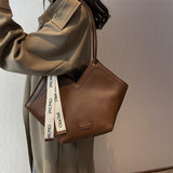 Chic Textured PU Leather Tote Bag with V-Cut Design & Decorative Ribbon Strap Accent(black) - Top-Down View