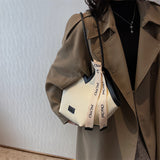 Chic Textured PU Leather Tote Bag with V-Cut Design & Decorative Ribbon Strap Accent(black) - 45-Degree Angle