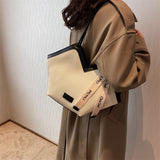 Chic Textured PU Leather Tote Bag with V-Cut Design & Decorative Ribbon Strap Accent(Coffee) - Side View