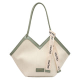Chic Textured PU Leather Tote Bag with V-Cut Design & Decorative Ribbon Strap Accent(Green)