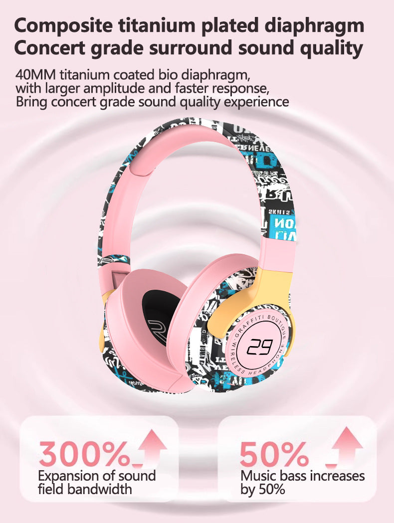 Trendy Graffiti Wireless Over-Ear Headphones - Bluetooth 5.1, HIFI 360 Surround Sound, 12H Playtime, Low Latency(black)