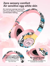 Trendy Graffiti Wireless Over-Ear Headphones - Bluetooth 5.1, HIFI 360 Surround Sound, 12H Playtime, Low Latency(pink) - Top-Down View