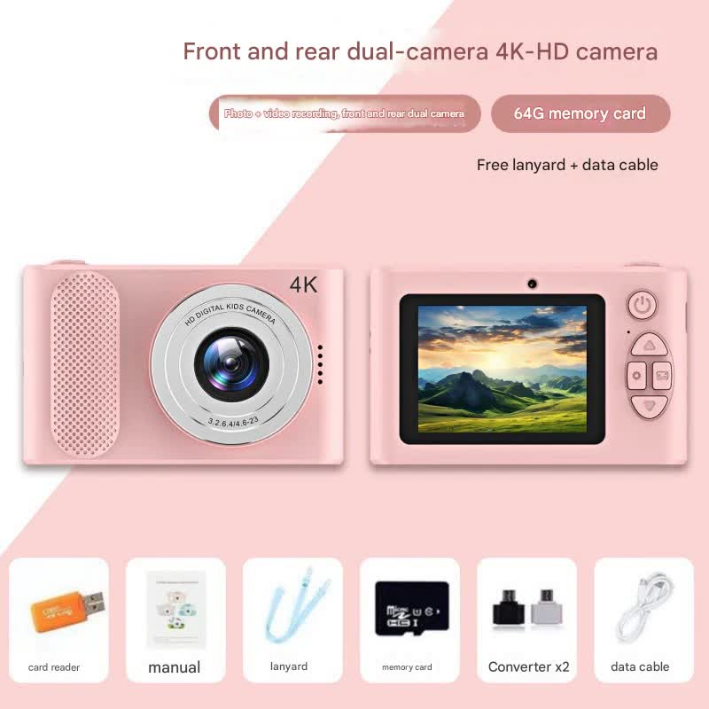 Ultra HD 4K Dual Lens Digital Camera - 44MP, 4X Zoom, 2.4 Screen, Complete with 64GB Card (pink)