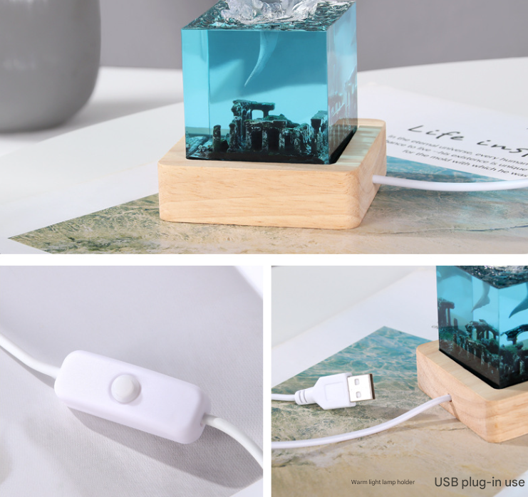 Unique Handmade Epoxy Resin Lamp - Marine Life Diorama, USB Light, Ocean Decor Gift (Shell megalodon model)
