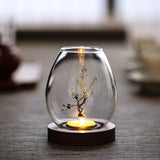 Windproof Glass Candle Cover with Wood Base - For Tealights, Zen Home Accent (Plum blossom candlestick)
