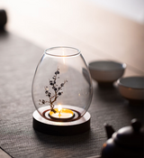 Windproof Glass Candle Cover with Wood Base - For Tealights, Zen Home Accent (Plum blossom candlestick) - Top-Down View